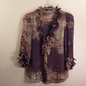 Purple, tan, and brown, ruffled blouse. Size small